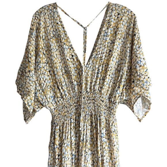 LOVESTITCH Short Sleeve Smocked Waist Yellow Geometric Maxi Dress Size US M/L - Picture 3 of 7